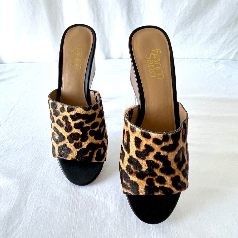 Franco Sarto Sandals, Slip Ons Wedge Heel, Cheetah Print, Size 8.5, LN!